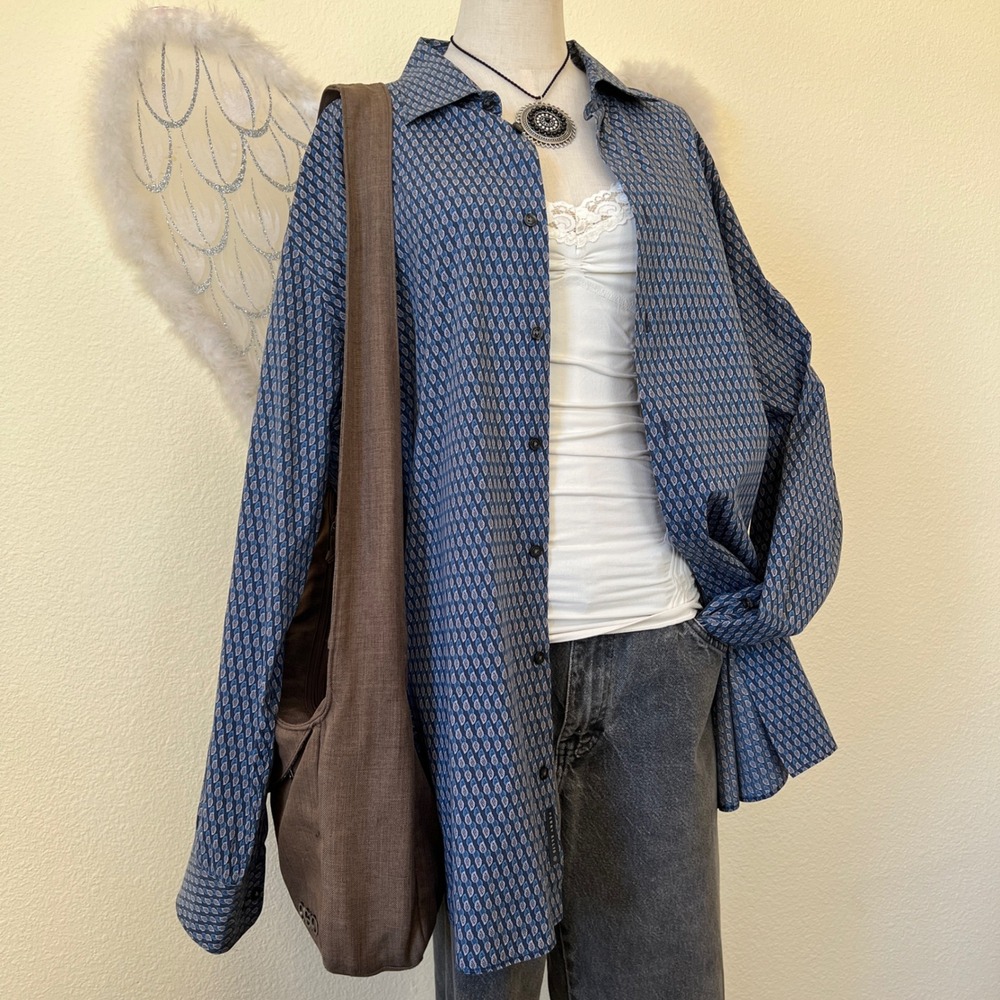 Indie Skater Grunge Paisley Oversized Shirt Button Up Long Sleeve‎ Dad Blue XXL - Picture 2 of 8